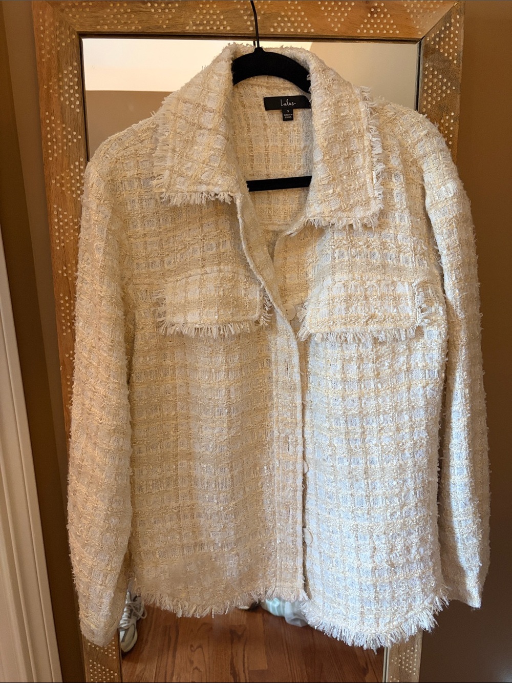 Lulu's Cream Bouclé Tweed Jacket - Frayed Edge Collar